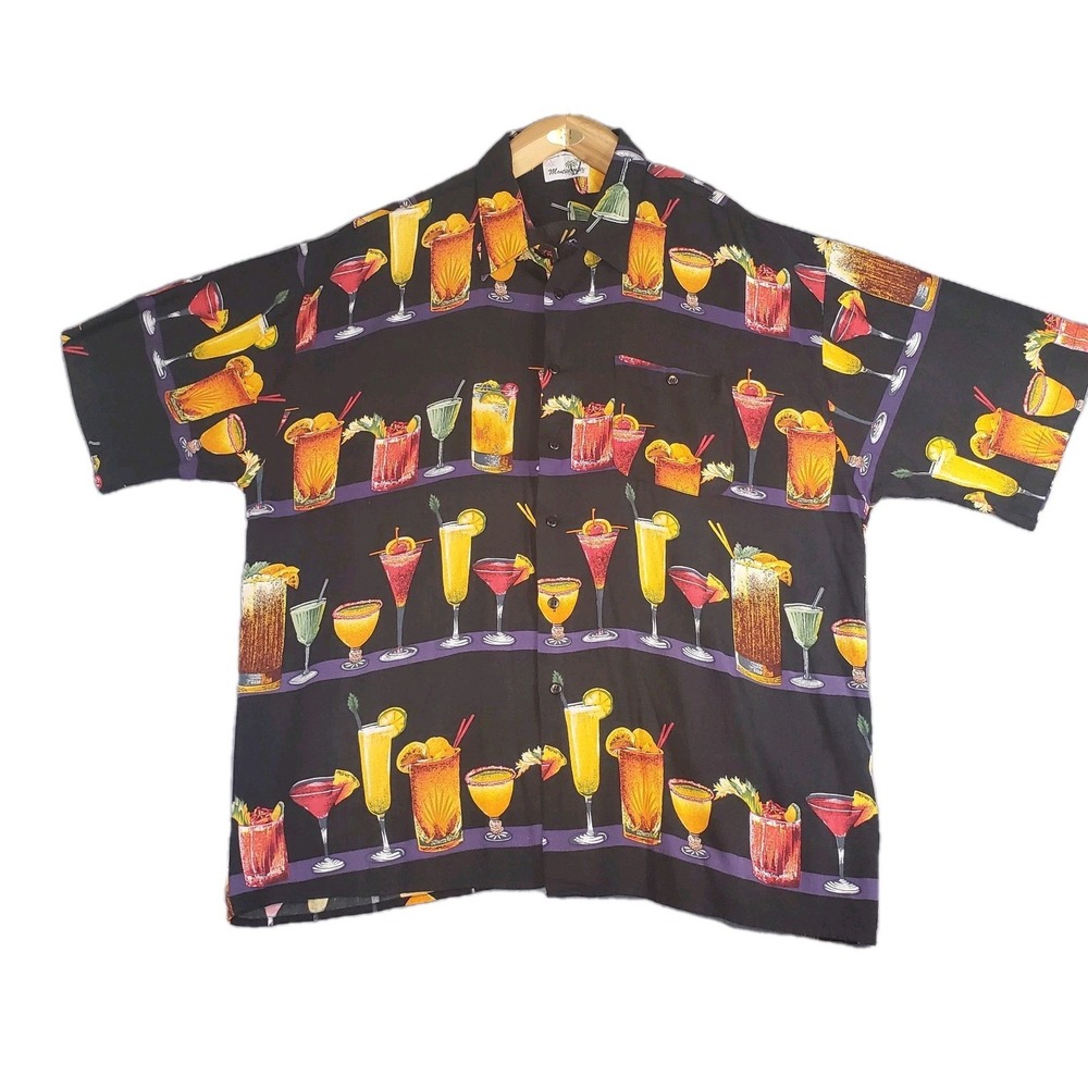 Vintage 90s XXL Monticerutti Black Hawaiian Shirt Rayon Drinks Cocktail Tiki Bar